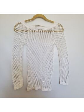 F&F TOP BLOUSE OPEN KNIT STRETCH LONG SLEEVE BEACH WHITE LAYER WOMENS ( OS )